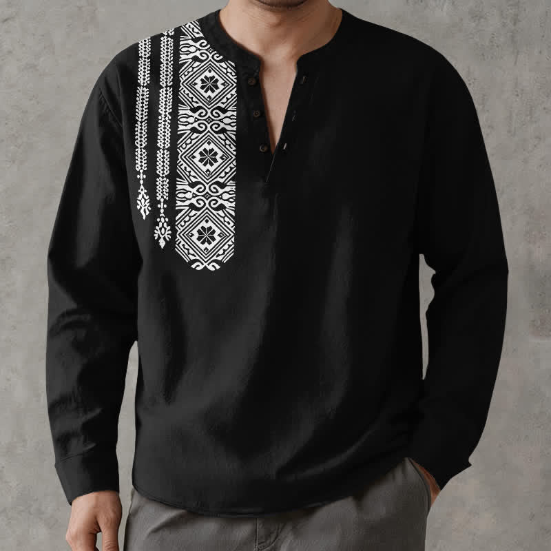 Buddha Stones Chemises à manches longues pour hommes en coton à motif géométrique tribal carré et col en V avec boutons - Noir - US/UK/AU48，EU58 (4XL) - image 1