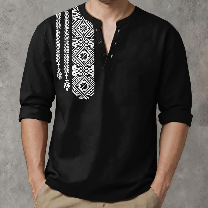 Buddha Stones Chemises à manches longues pour hommes en coton à motif géométrique tribal carré et col en V avec boutons - image 0