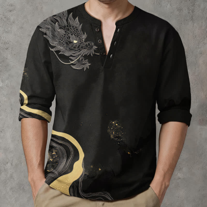 Buddha Stones Chemises à manches longues pour hommes en coton à motif de dragon vintage et col en V avec boutons - Noir - US/UK/AU48，EU58 (4XL) - image 0