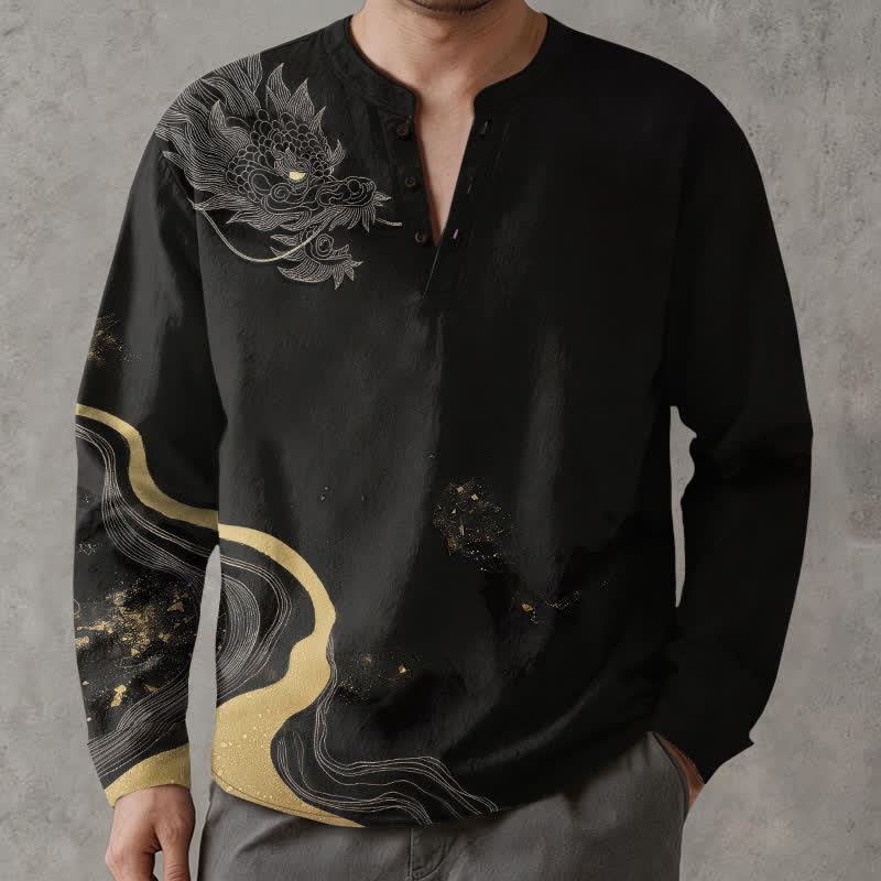 Buddha Stones Chemises à manches longues pour hommes en coton à motif de dragon vintage et col en V avec boutons - image 1