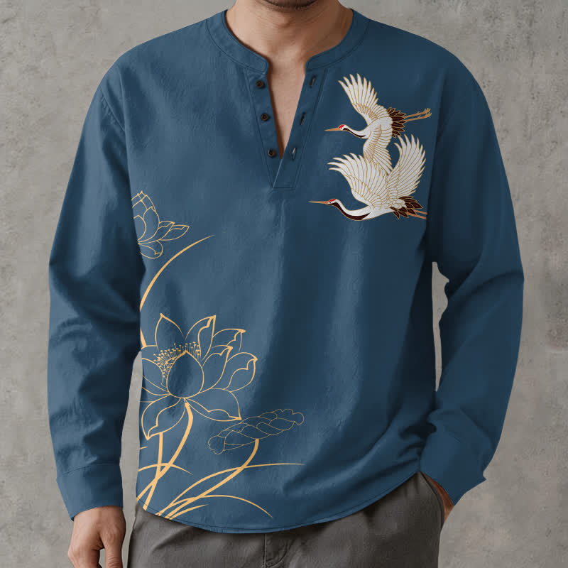 Buddha Stones Chemises à manches longues pour hommes en coton à motif de grues et de lotus, col en V et boutons - SteelBlue - US/UK/AU48，EU58 (4XL) - image 0