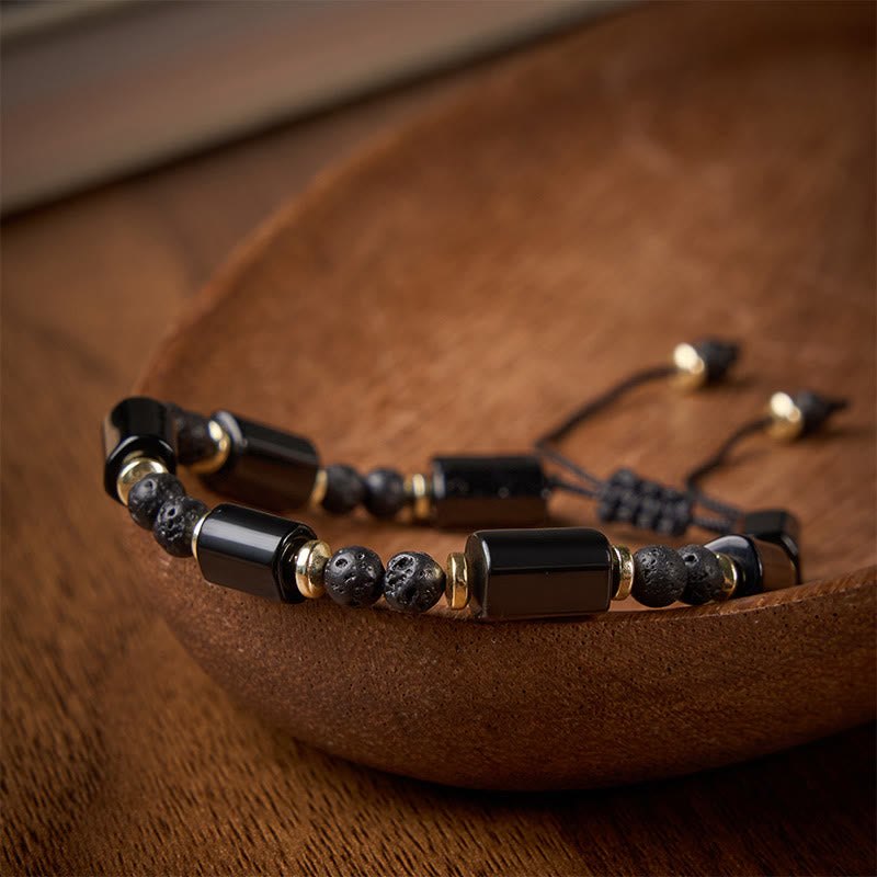 Buddha Stones Bracelet tressé ajustable de protection en pierre de lave d'onyx noir - image 1