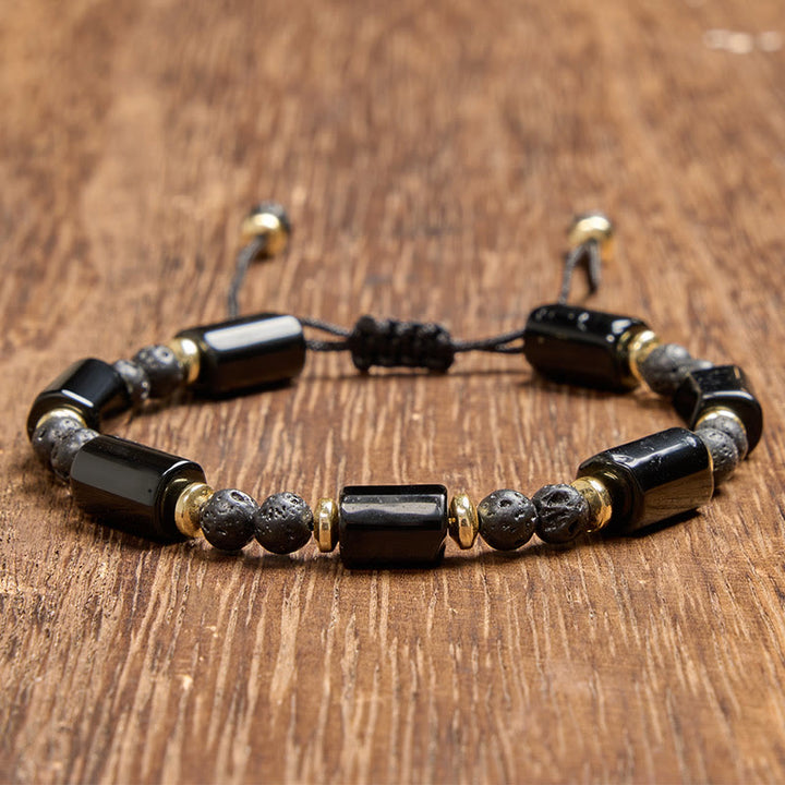 Buddha Stones Bracelet tressé ajustable de protection en pierre de lave d'onyx noir - Onyx noir (Tour de poignet : 15-16 cm) - image 0