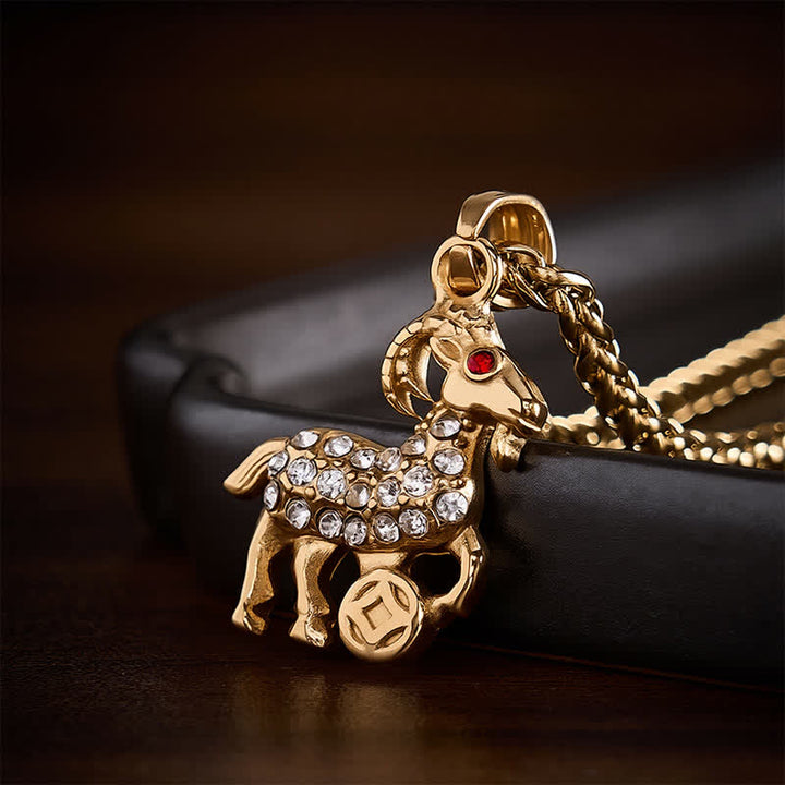 Buddha Stones Collier pendentif chèvre du zodiaque chinois en acier titane, symbole de prospérité - image 4