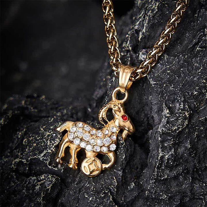 Buddha Stones Collier pendentif chèvre du zodiaque chinois en acier titane, symbole de prospérité - image 2
