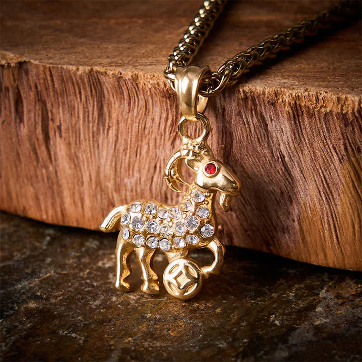 Buddha Stones Collier pendentif chèvre du zodiaque chinois en acier titane, symbole de prospérité - image 3