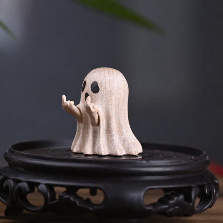 Buddha Stones Mini fantôme espiègle sculpté en bois d'érable, décoration de bureau mignonne de style dessin animé, 3,3 × 3 × 3,9 cm - image 12