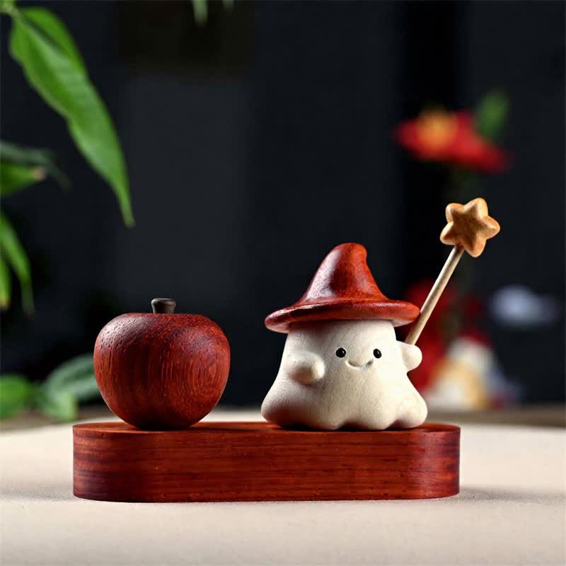 Buddha Stones Petit elfe sculpté en bois de hêtre, étoile, lune, guérison, mignon, décoration de dessin animé - Pomme étoile + Base - image 8