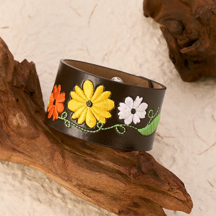Buddha Stones Bracelet de protection en cuir tissé à la main avec broderie florale - image 2