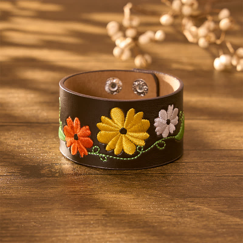 Buddha Stones Bracelet de protection en cuir tissé à la main avec broderie florale - image 3