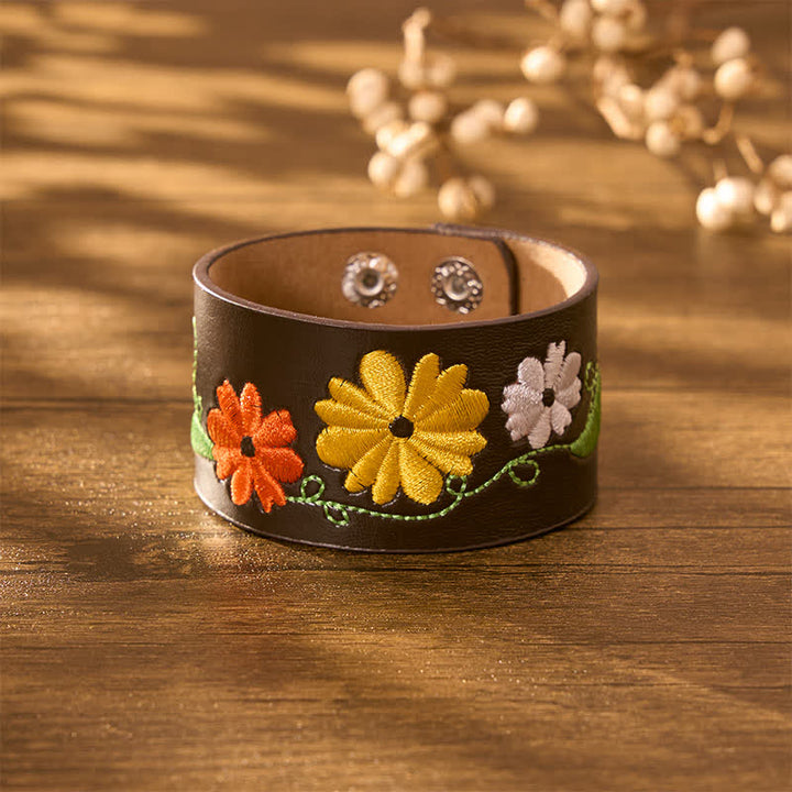 Buddha Stones Bracelet de protection en cuir tissé à la main avec broderie florale - image 3