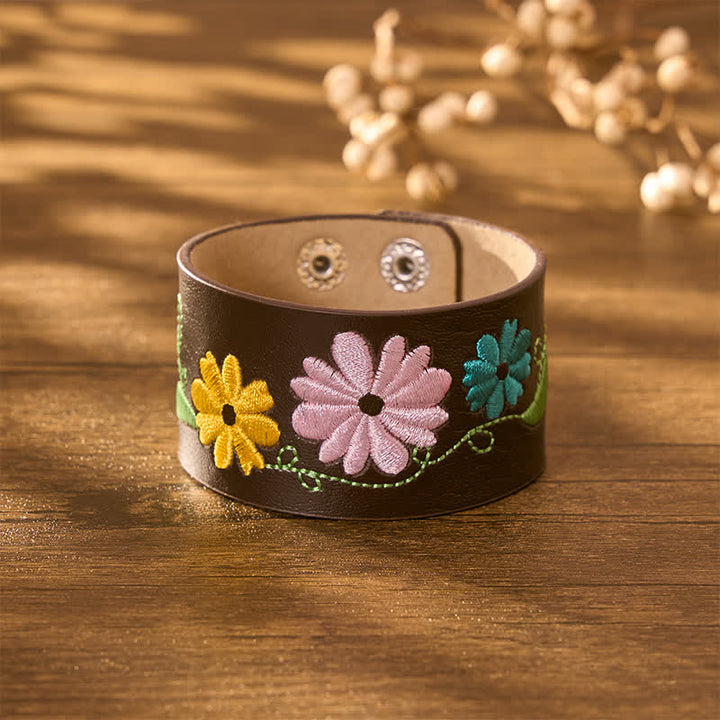 Buddha Stones Bracelet de protection en cuir tissé à la main avec broderie florale - image 9