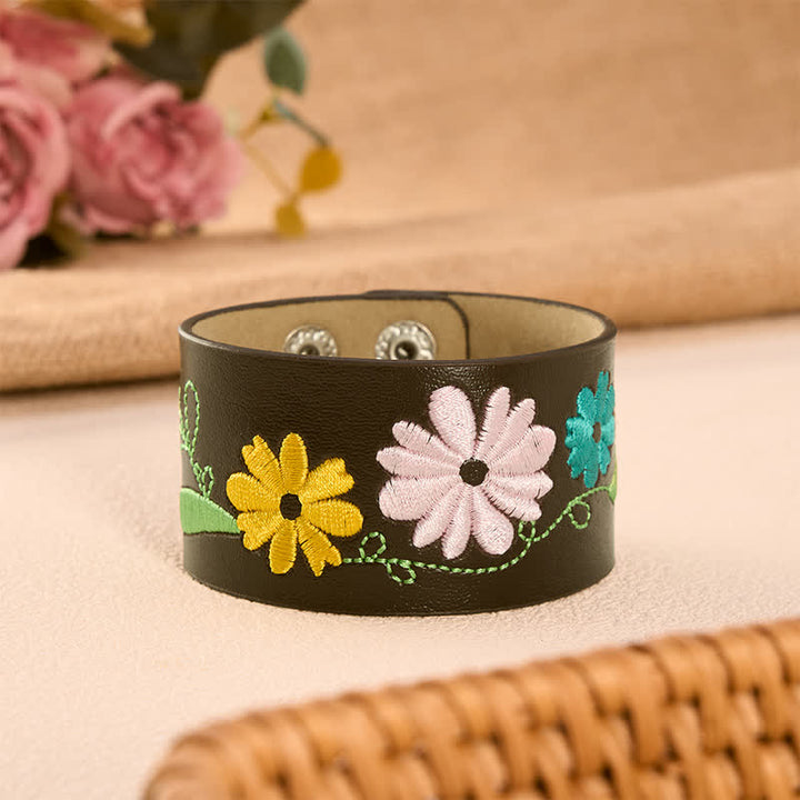 Buddha Stones Bracelet de protection en cuir tissé à la main avec broderie florale - Jaune Rose Bleu (Tour de poignet : env. 17-19 cm) - image 8