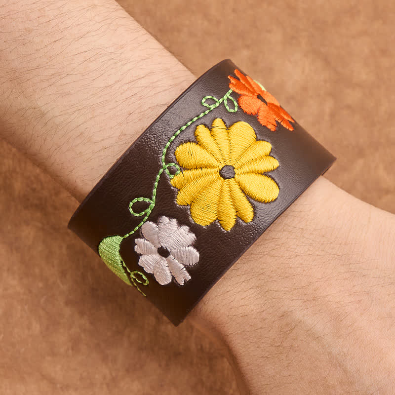 Buddha Stones Bracelet de protection en cuir tissé à la main avec broderie florale - image 4