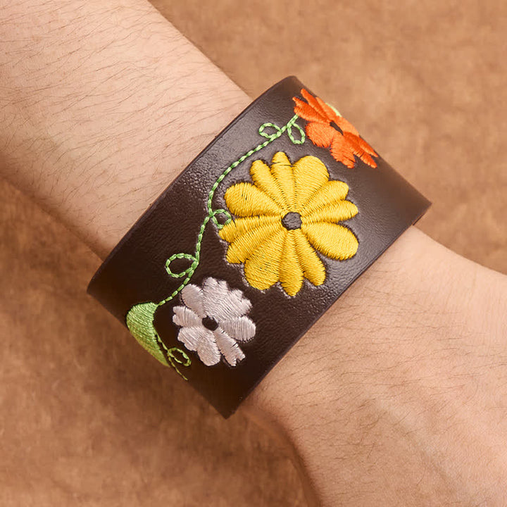 Buddha Stones Bracelet de protection en cuir tissé à la main avec broderie florale - image 4