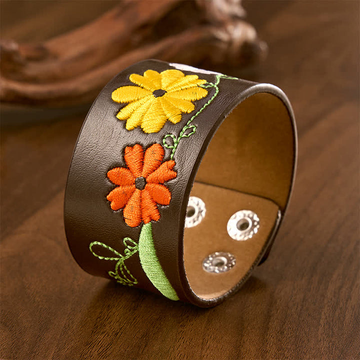 Buddha Stones Bracelet de protection en cuir tissé à la main avec broderie florale - image 1