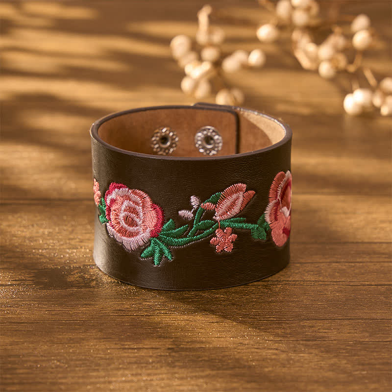 Buddha Stones Bracelet vintage en cuir brodé de roses et de papillons à motif floral et boucle - image 19