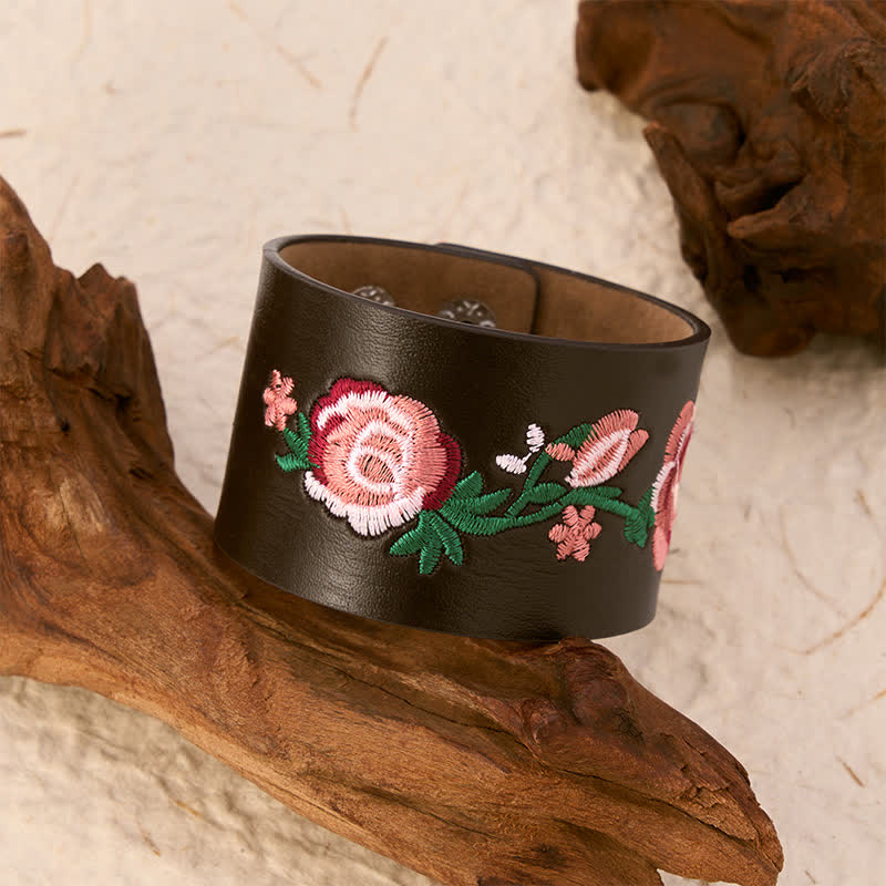 Buddha Stones Bracelet vintage en cuir brodé de roses et de papillons à motif floral et boucle - image 18
