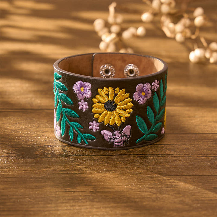 Buddha Stones Bracelet vintage en cuir brodé de roses et de papillons à motif floral et boucle - image 3