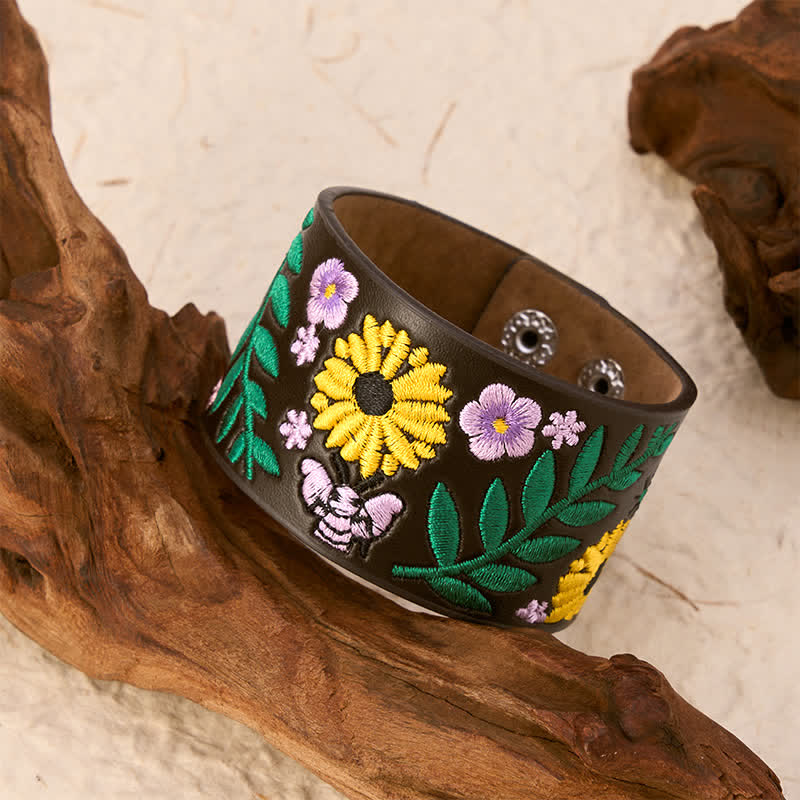 Buddha Stones Bracelet vintage en cuir brodé de roses et de papillons à motif floral et boucle - image 2