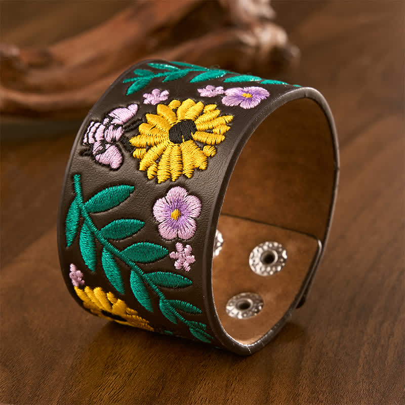 Buddha Stones Bracelet vintage en cuir brodé de roses et de papillons à motif floral et boucle - image 1