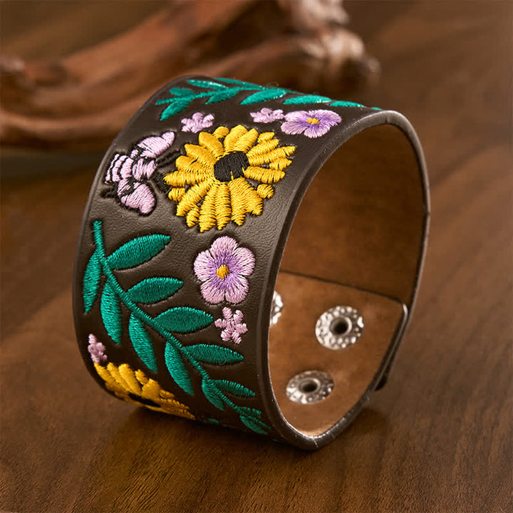 Buddha Stones Bracelet vintage en cuir brodé de roses et de papillons à motif floral et boucle - image 1