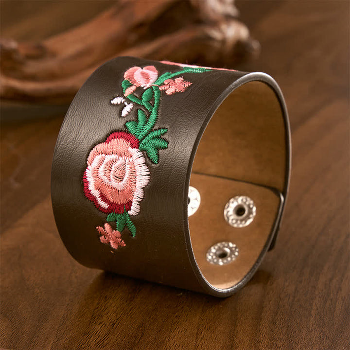 Buddha Stones Bracelet vintage en cuir brodé de roses et de papillons à motif floral et boucle - image 17