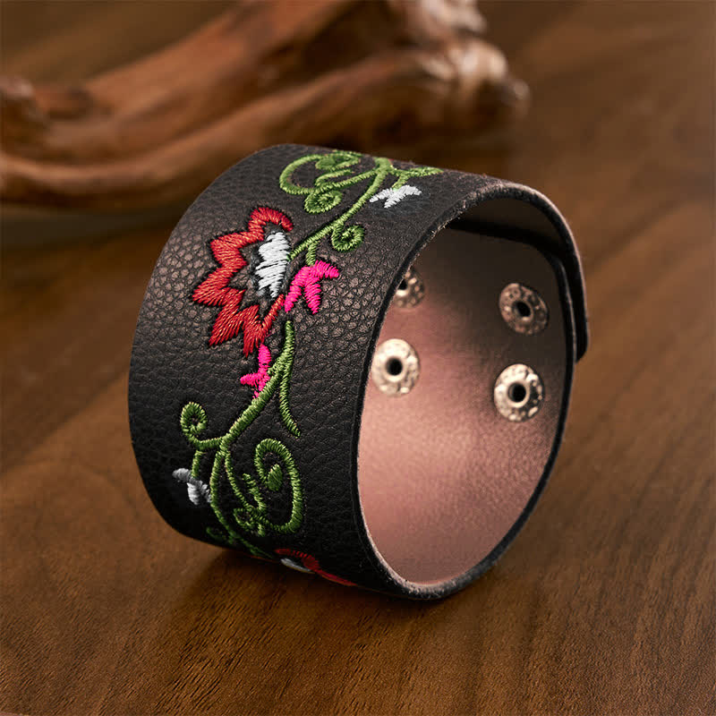 Buddha Stones Bracelet de protection en cuir brodé de fleurs avec boucle ajustable - image 9