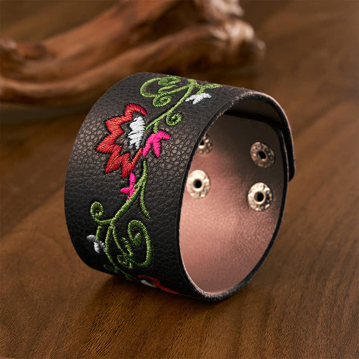 Buddha Stones Bracelet de protection en cuir brodé de fleurs avec boucle ajustable - image 9