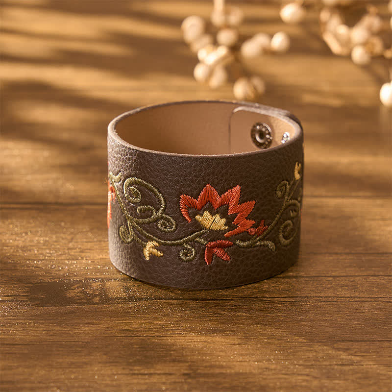 Buddha Stones Bracelet de protection en cuir brodé de fleurs avec boucle ajustable - image 2