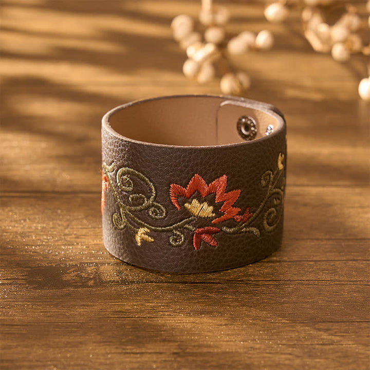 Buddha Stones Bracelet de protection en cuir brodé de fleurs avec boucle ajustable - image 2