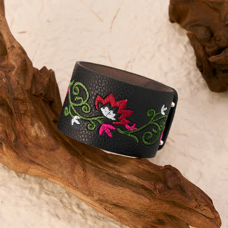 Buddha Stones Bracelet de protection en cuir brodé de fleurs avec boucle ajustable - image 11