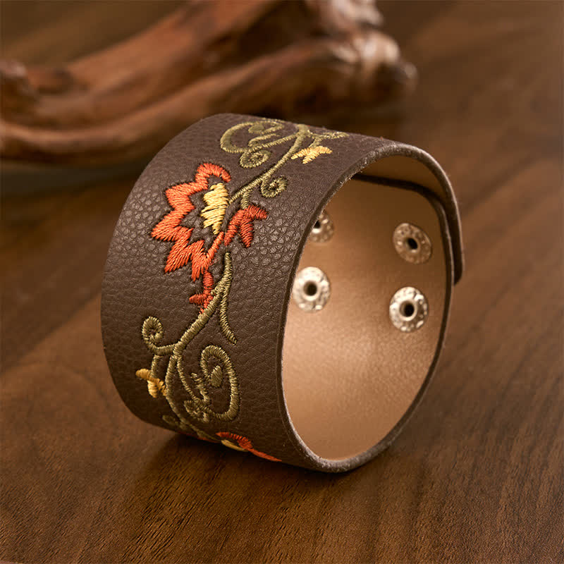 Buddha Stones Bracelet de protection en cuir brodé de fleurs avec boucle ajustable - image 1
