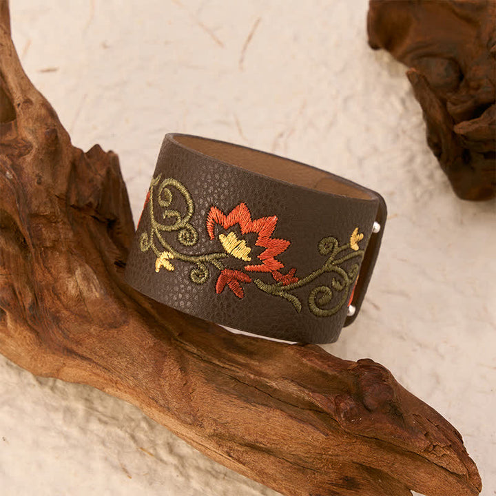 Buddha Stones Bracelet de protection en cuir brodé de fleurs avec boucle ajustable - image 3