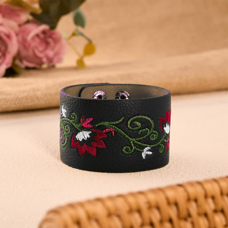 Buddha Stones Bracelet de protection en cuir brodé de fleurs avec boucle ajustable - Noir (Tour de poignet : env. 15–17 cm) - image 8