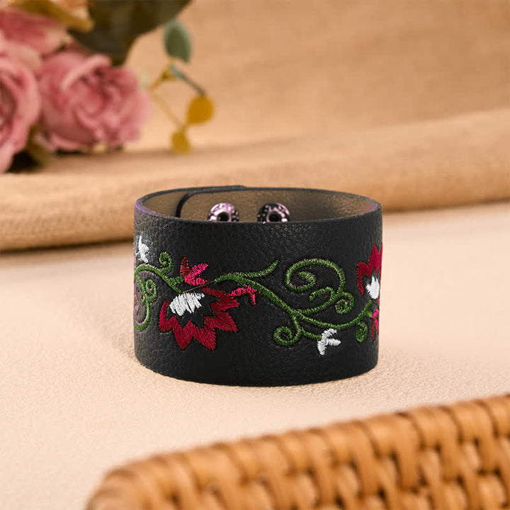 Buddha Stones Bracelet de protection en cuir brodé de fleurs avec boucle ajustable - Noir (Tour de poignet : env. 15–17 cm) - image 8