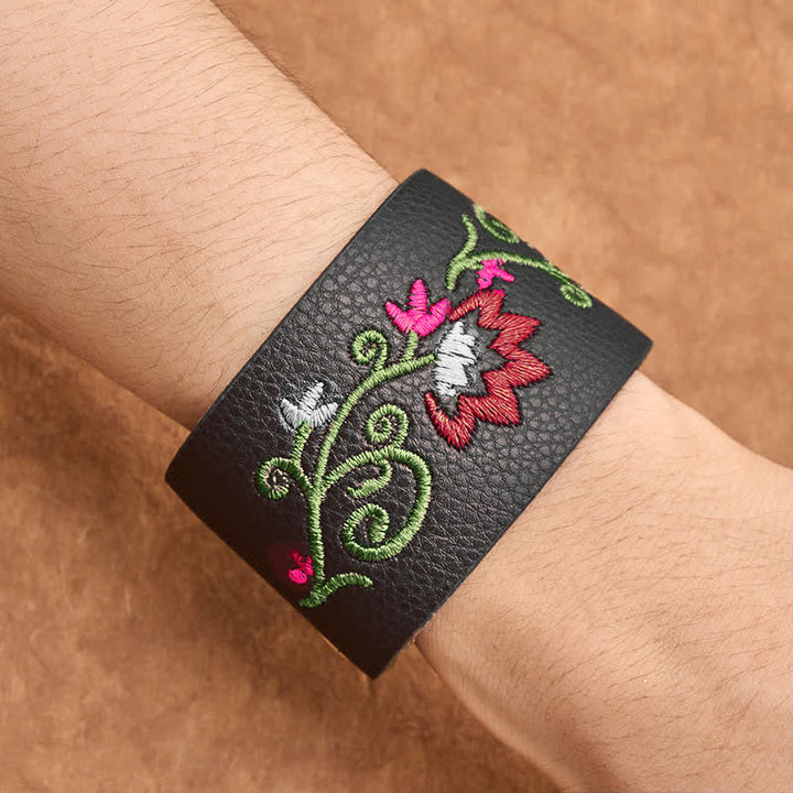 Buddha Stones Bracelet de protection en cuir brodé de fleurs avec boucle ajustable - image 12