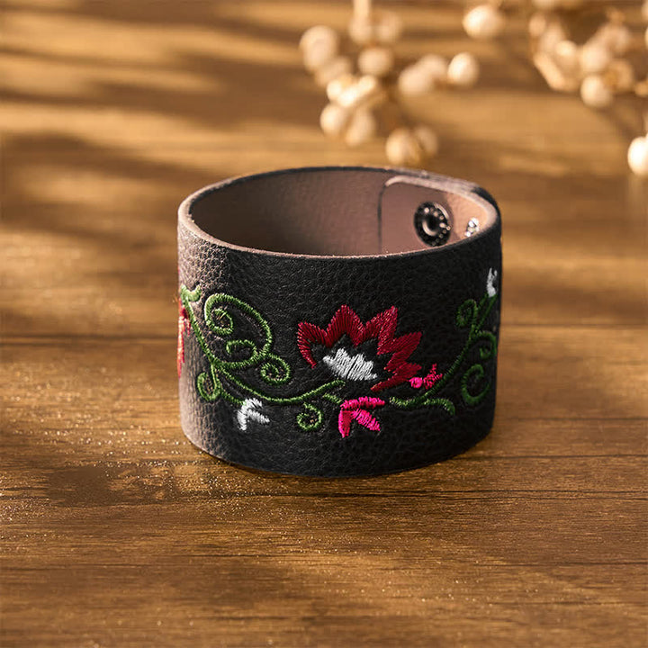 Buddha Stones Bracelet de protection en cuir brodé de fleurs avec boucle ajustable - image 10