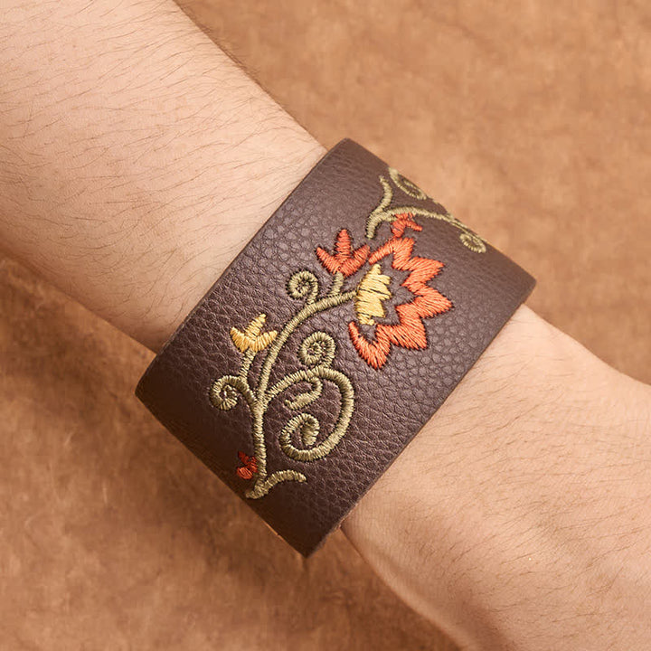 Buddha Stones Bracelet de protection en cuir brodé de fleurs avec boucle ajustable - image 4