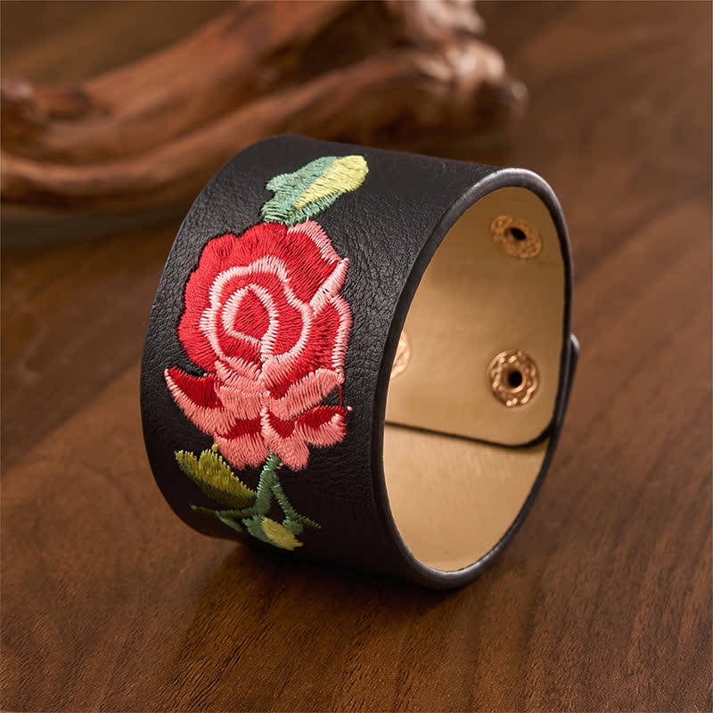 Buddha Stones Bracelet de protection large en cuir brodé de roses - image 2