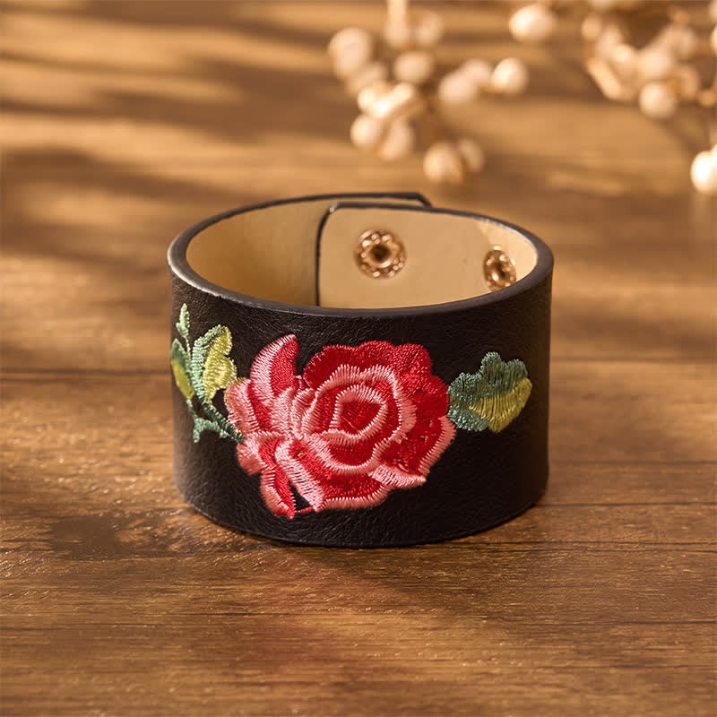 Buddha Stones Bracelet de protection large en cuir brodé de roses - image 1