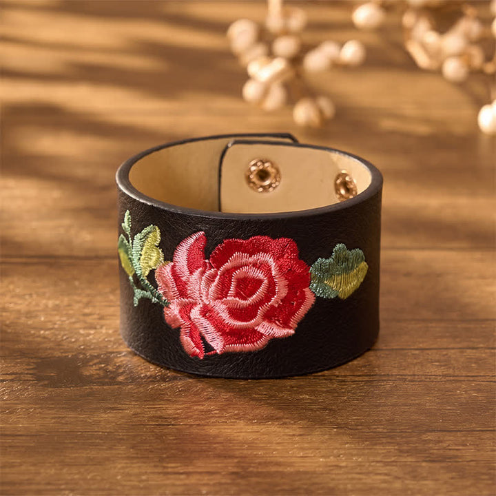 Buddha Stones Bracelet de protection large en cuir brodé de roses - image 1