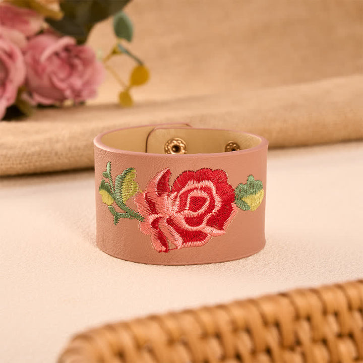 Buddha Stones Bracelet de protection large en cuir brodé de roses - Rose poudré (Tour de poignet : env. 15–18 cm) - image 14