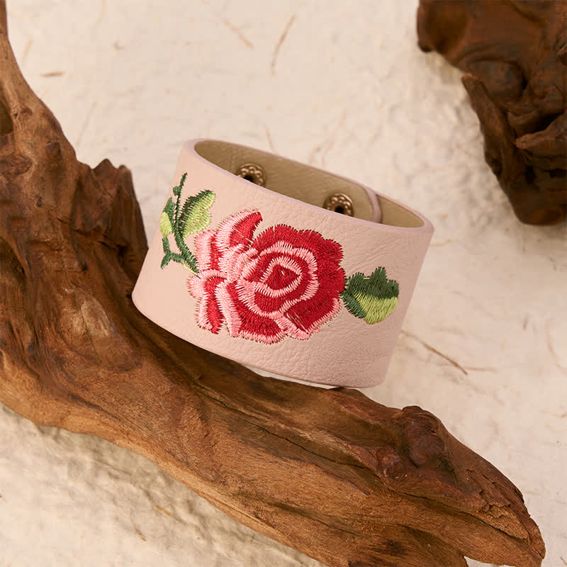 Buddha Stones Bracelet de protection large en cuir brodé de roses - image 10