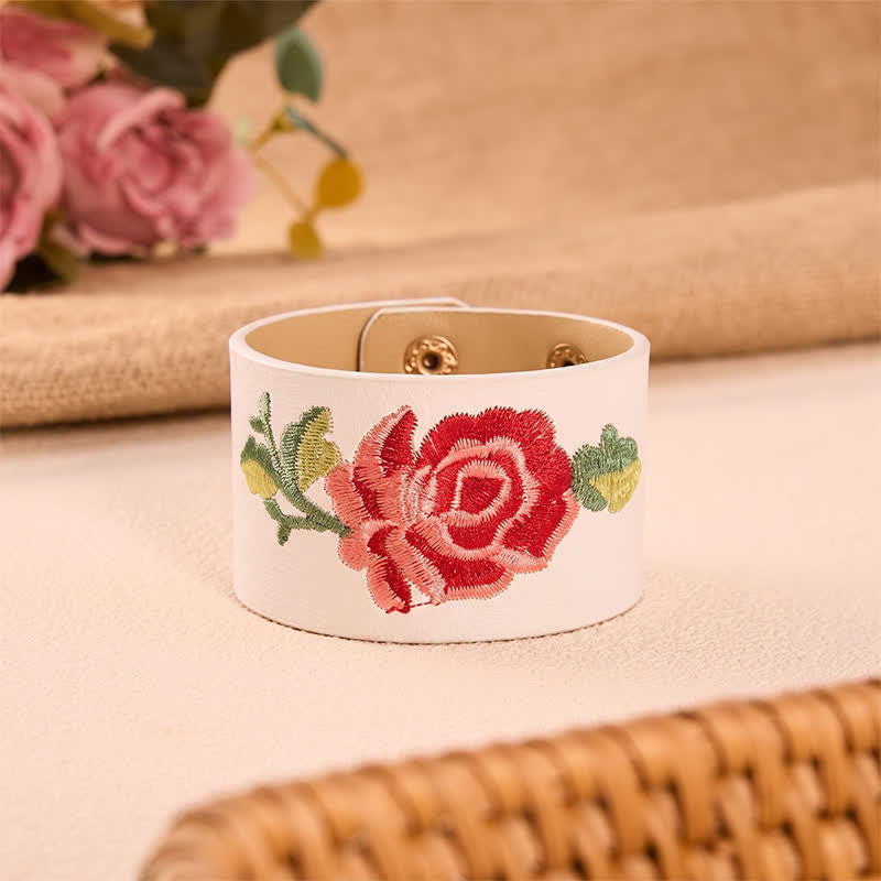 Buddha Stones Bracelet de protection large en cuir brodé de roses - Blanc (Tour de poignet : env. 15–18 cm) - image 21