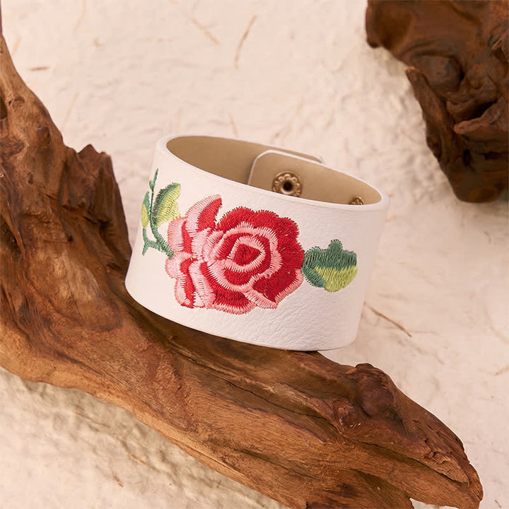 Buddha Stones Bracelet de protection large en cuir brodé de roses - image 24