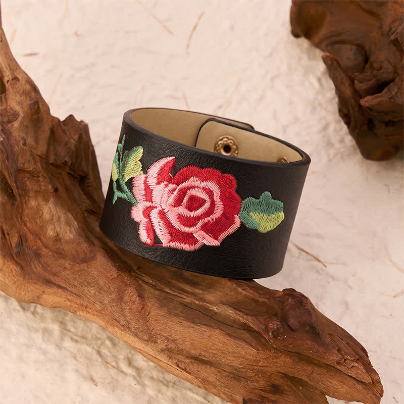 Buddha Stones Bracelet de protection large en cuir brodé de roses - image 3