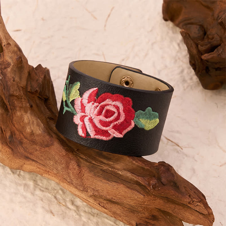 Buddha Stones Bracelet de protection large en cuir brodé de roses - image 3