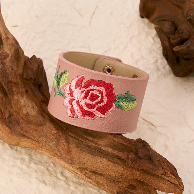 Buddha Stones Bracelet de protection large en cuir brodé de roses - image 17