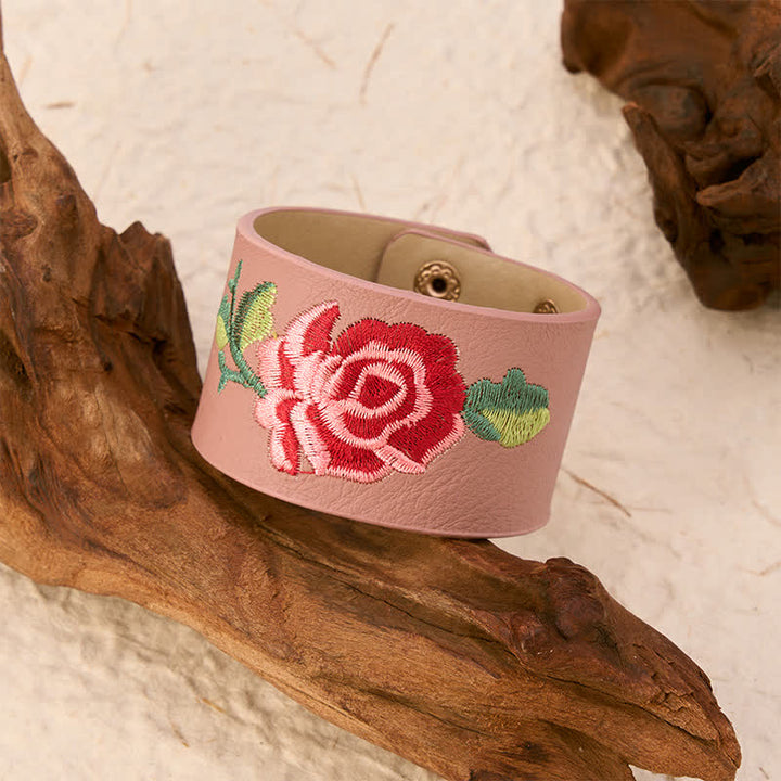 Buddha Stones Bracelet de protection large en cuir brodé de roses - image 17